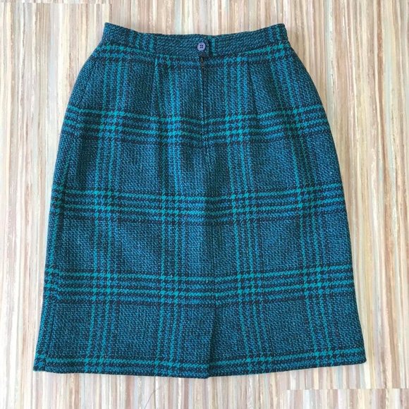 Vintage Teal Wool Tweed Plaid Knee Length Pencil Skirt Tall Girl Brand 26" Waist - Picture 3 of 4